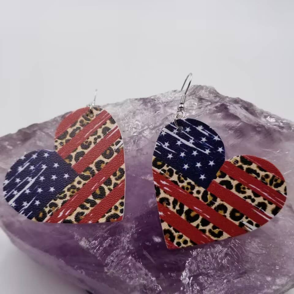 Patriotic Leopard Heart Earrings