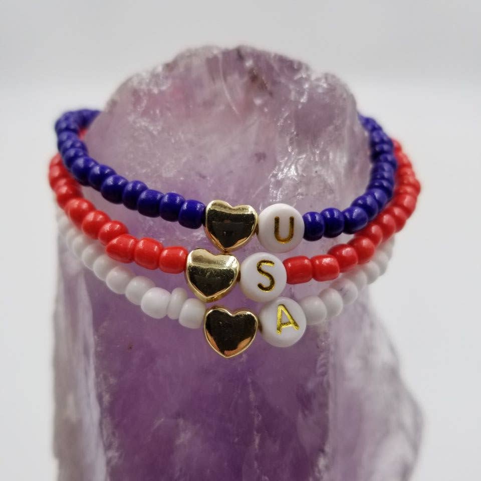 USA Patriotic Beaded Heart Bracelet