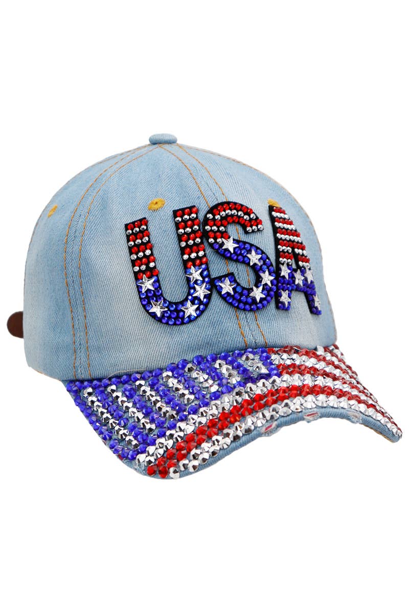 USA American Flag Bling Rhinestone Denim Cap