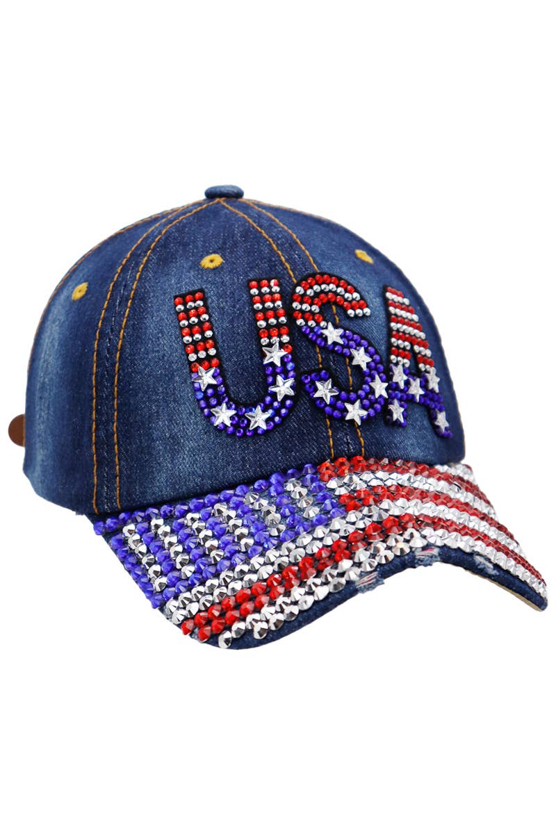 USA American Flag Bling Rhinestone Denim Cap