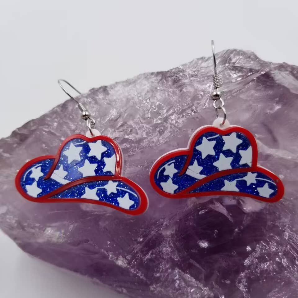 Patriotic Glitter Star Cowgirl Hat Earrings