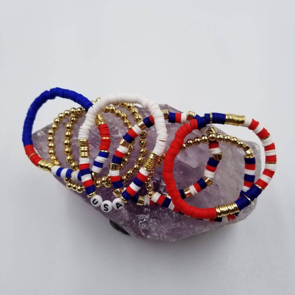 USA Patriotic Heishi Beaded Bracelet - 4th of July