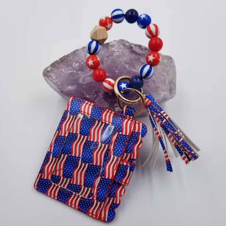 Patriotic Beaded Keychain Bracelet With Card Holder