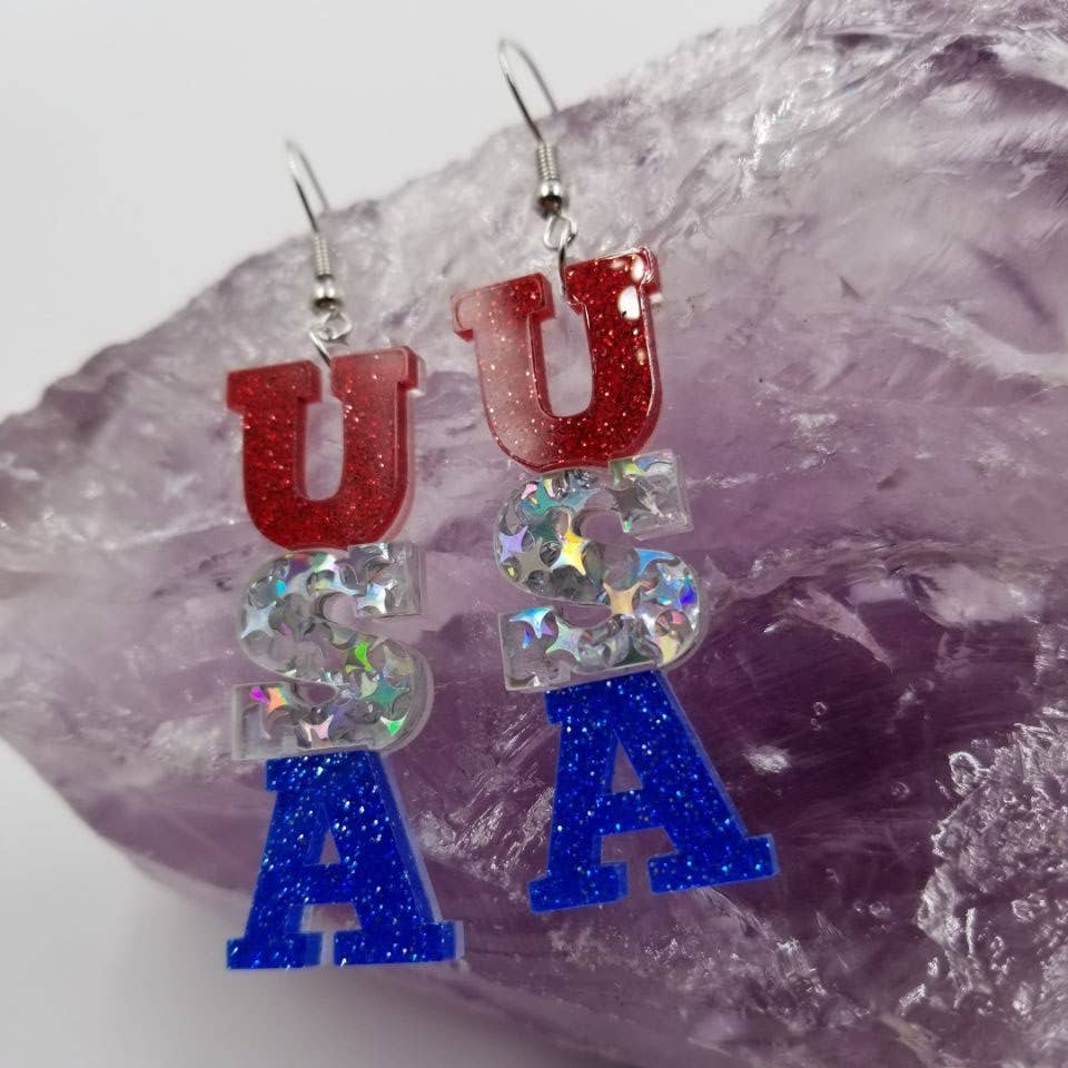 Glitter Acrylic Patriotic USA Earrings