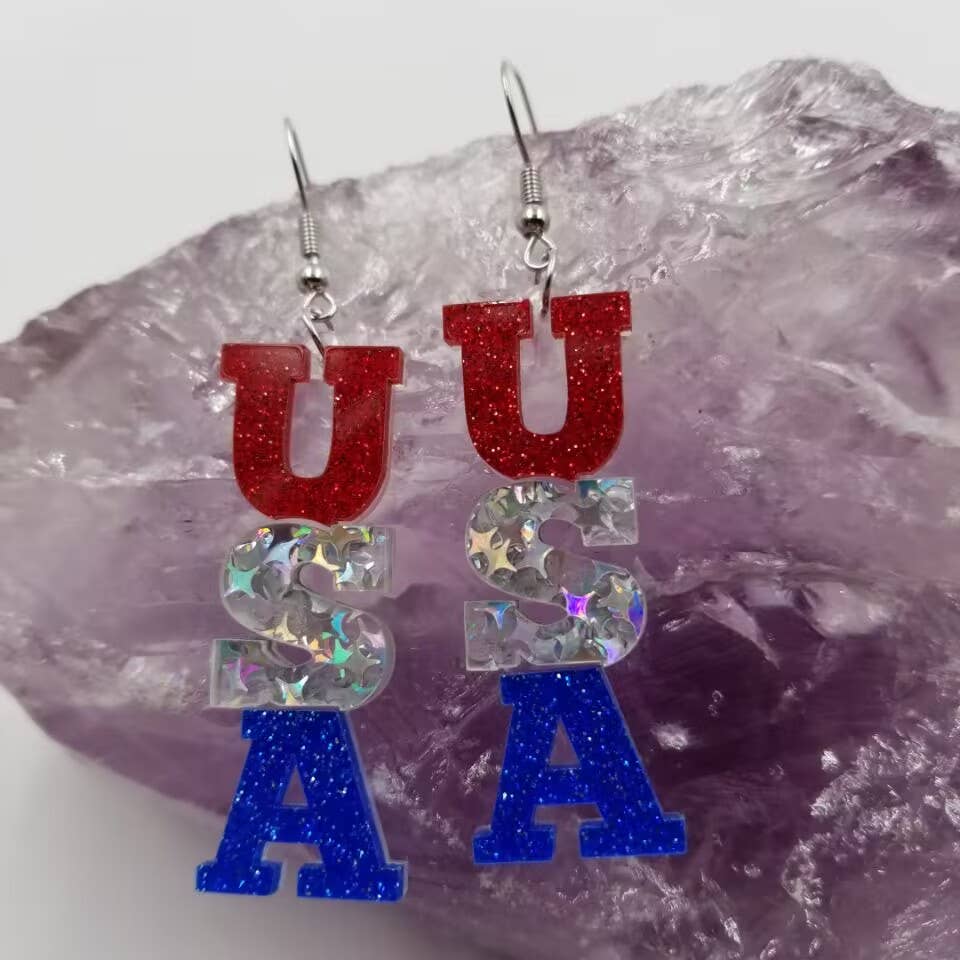 Glitter Acrylic Patriotic USA Earrings