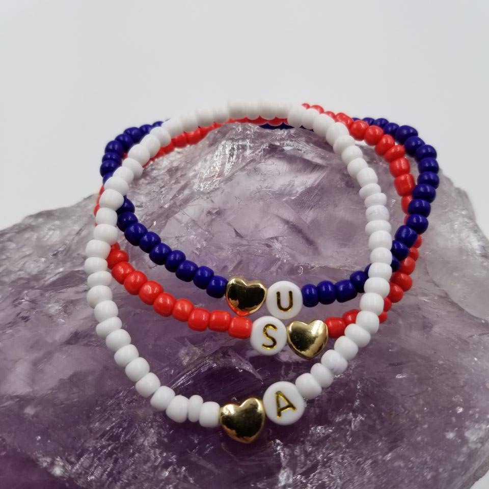 USA Patriotic Beaded Heart Bracelet