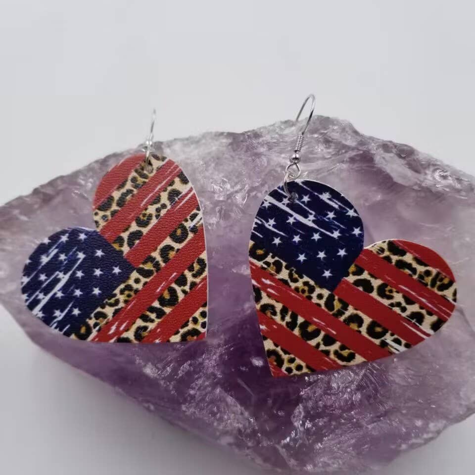 Patriotic Leopard Heart Earrings