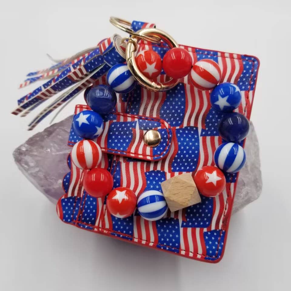 Patriotic Beaded Keychain Bracelet With Card Holder