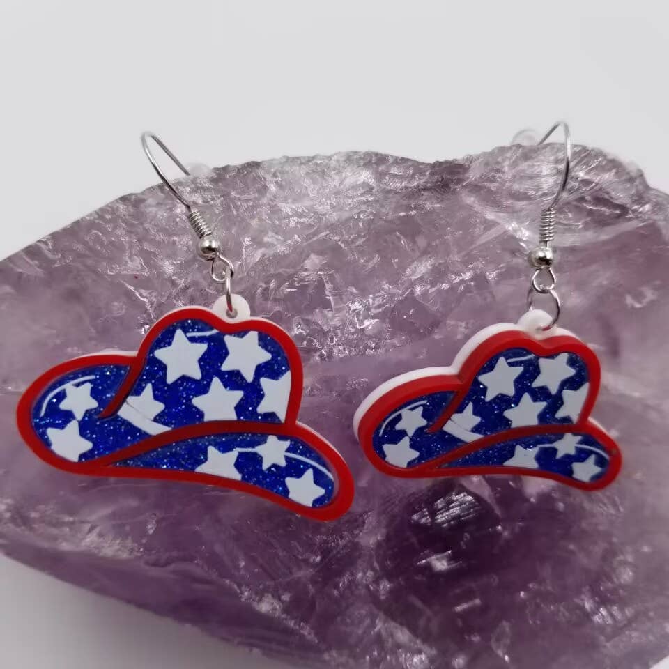 Patriotic Glitter Star Cowgirl Hat Earrings