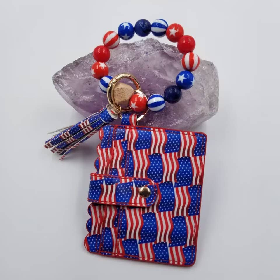 Patriotic Beaded Keychain Bracelet With Card Holder