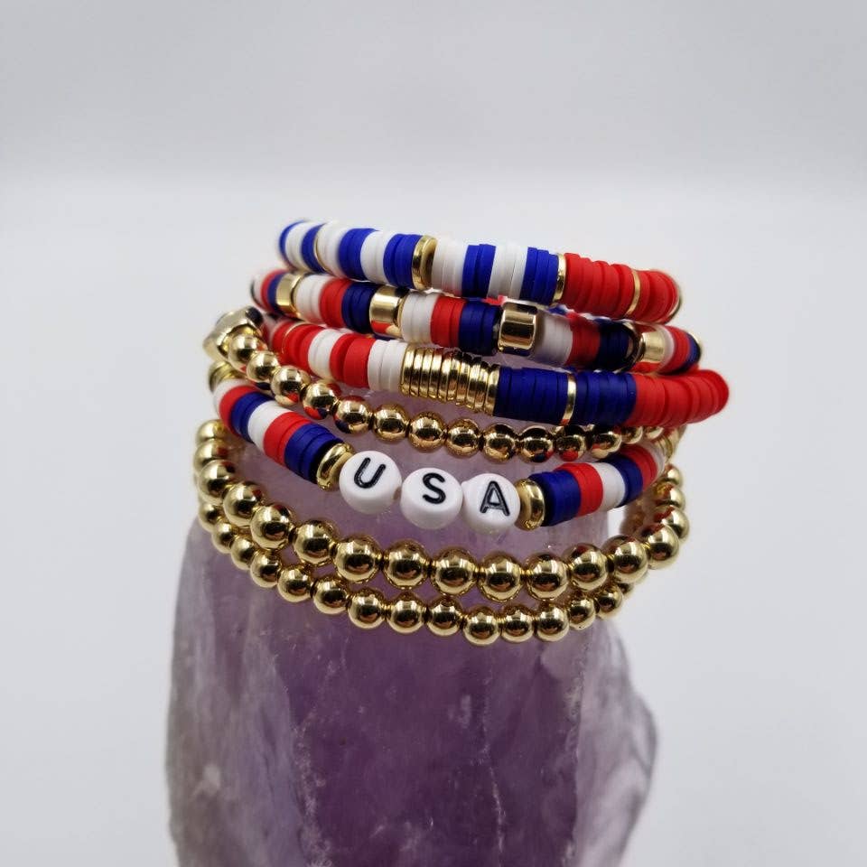 USA Patriotic Heishi Beaded Bracelet - 4th of July